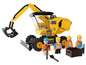 Gele bouwmachine met graafarm en vier werklieden