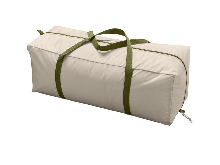 Een beige tenttas met groene draagriemen