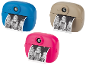 Drie kindercamera's met printer in blauw, beige en roze, met zwart-witfoto's van kinderen.