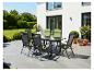 Ensemble de salle à manger de patio avec table noire et six chaises avec coussins verts sur une terrasse carrelée.