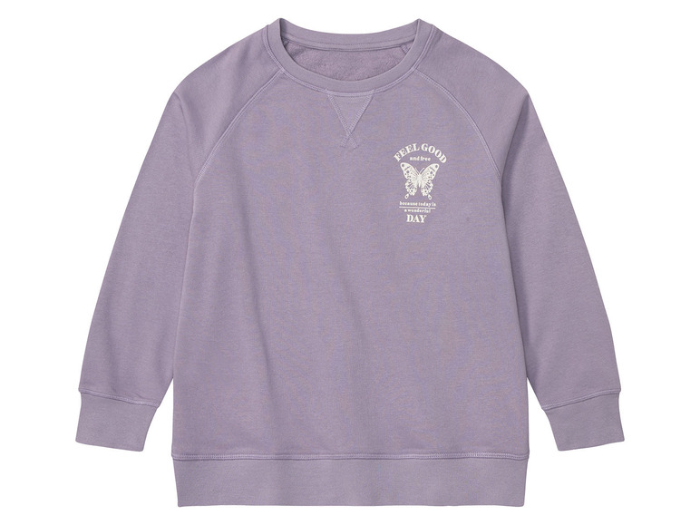 Sweat-shirt lilas avec un imprimé papillon et le texte 'Feel good and free because today is a wonderful day'