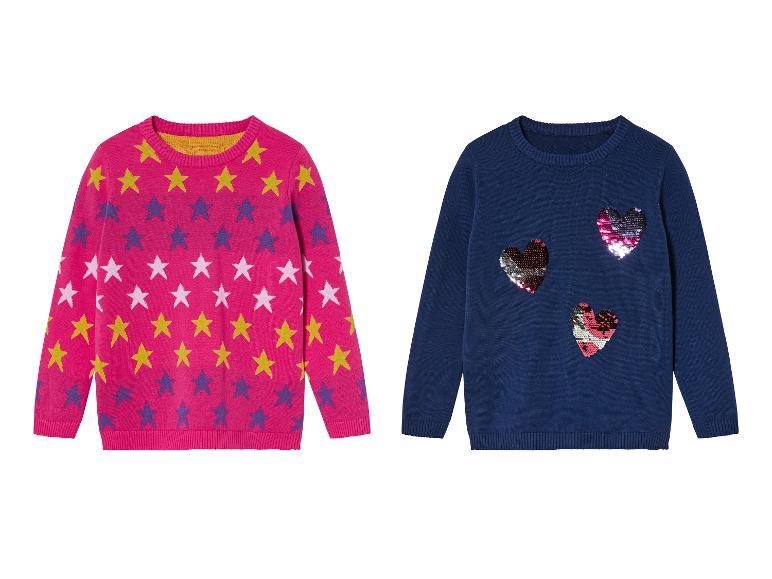 Deux pulls en maille pour filles, l'un à étoiles et l'autre à coeurs pailletés.
