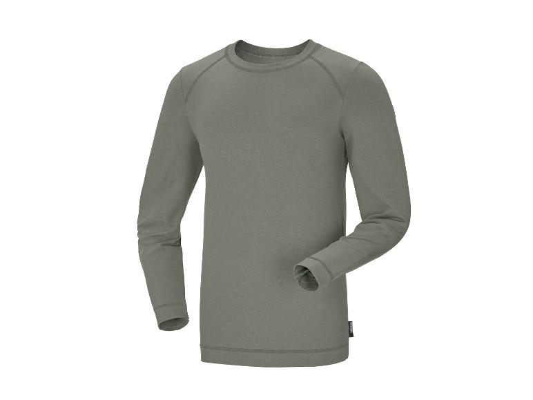 Olijfgroen heren T-shirt met lange mouwen, ronde hals en raglanmouwen.