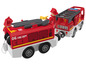 Deux camions de pompiers rouges avec des figurines de pompiers.
