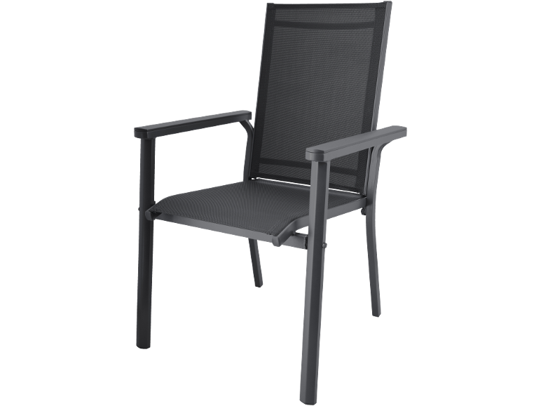 Donkergrijze tuinstoel met zitting en rugleuning van mesh