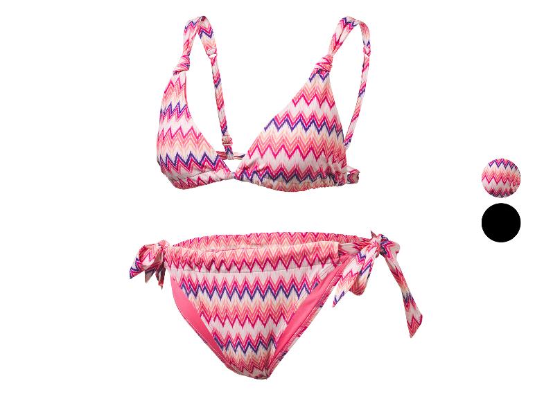 Bikini met zigzagpatroon in roze, oranje en paarse tinten.