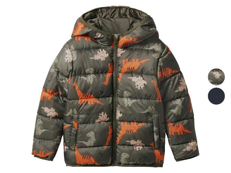 Veste matelassée pour enfant avec imprimé dinosaures, disponible en vert olive et bleu marine.