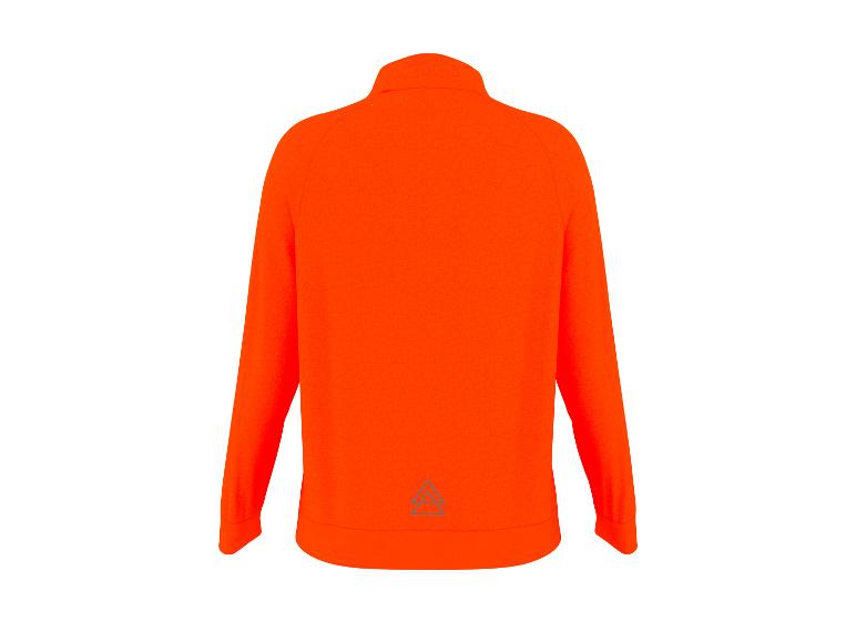 Een oranje trainingsjack met een reflecterend driehoeklogo.