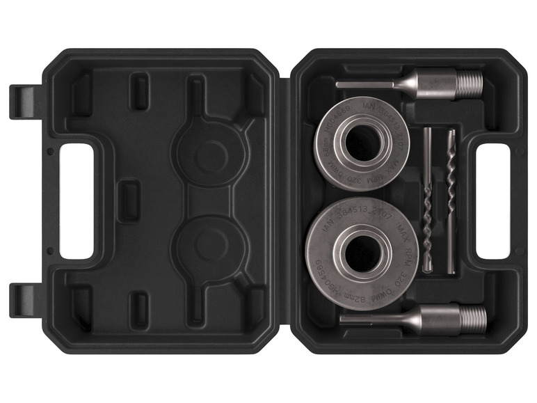 Een set met twee boorkronen en een boor voor hout in een zwarte opbergkoffer.