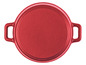 Een rode gietijzeren braadpan met twee handvatten.