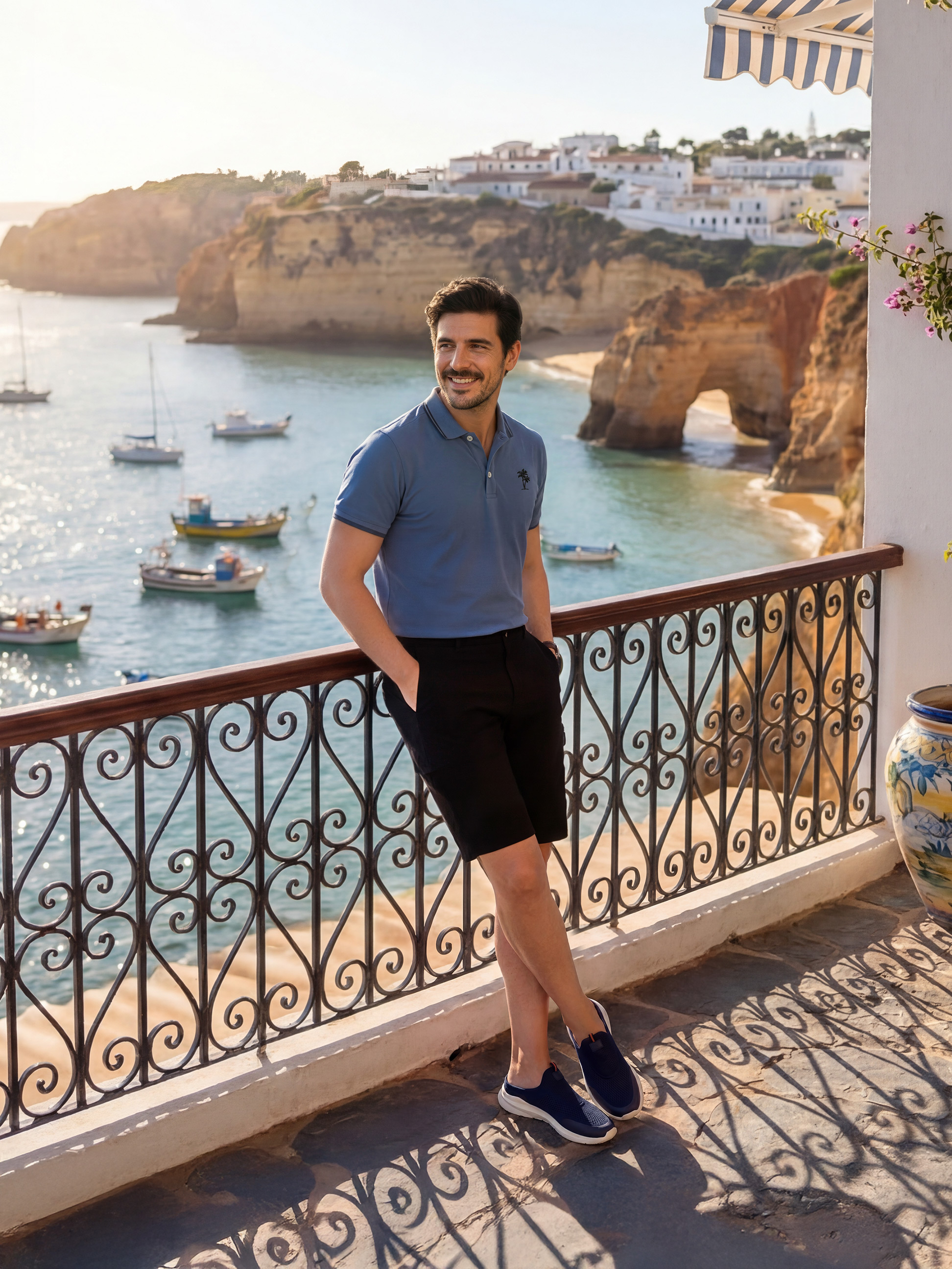 Homme en polo bleu et short noir sur un balcon avec vue sur la mer et les falaises.