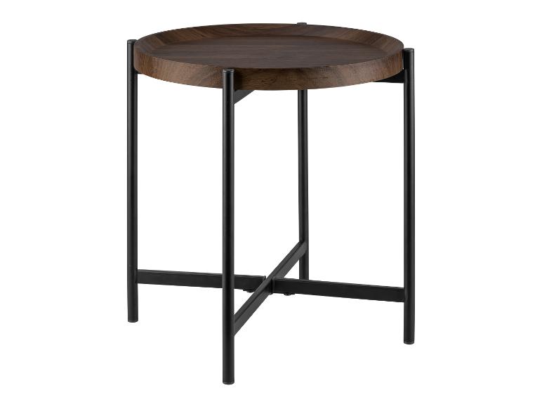 Ronde bijzettafel met donkerhouten blad en zwart metalen onderstel.