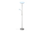 Un lampadaire argenté avec deux lampes, l'une avec un abat-jour rond et l'autre avec un bras flexible.