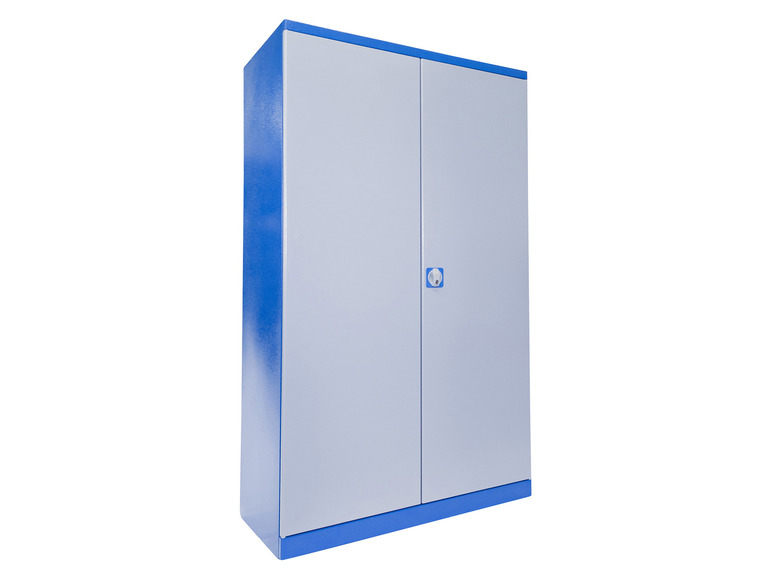 Een blauwe metalen kast met twee deuren.