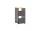 Grijze houten plank met drie open vakken en een licht houten blad.