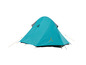 Een blauwe tent voor kamperen met een goudkleurig logo.