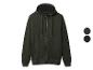 Donkergroene hoodie met rits en twee kleurstaaltjes.