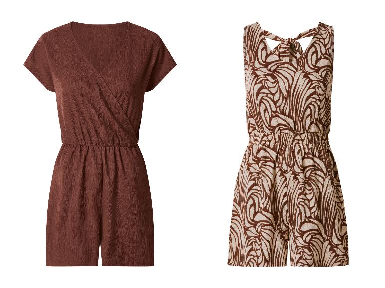 Deux combishorts femme : un marron à manches courtes et un beige à motif marron.