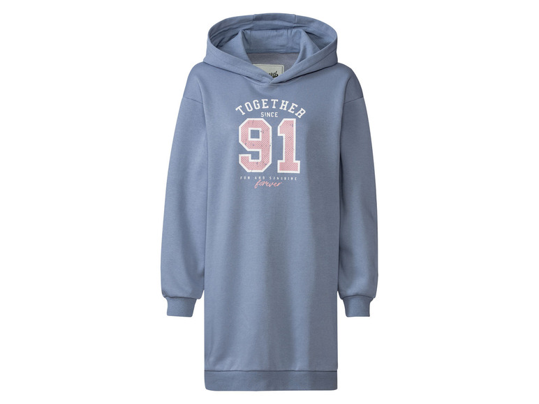 Een blauwe hoodiejurk met 'Together Since 91' print