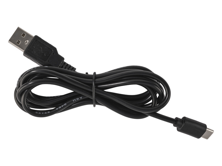 Een zwarte USB-kabel met USB-A en USB-C connectoren.