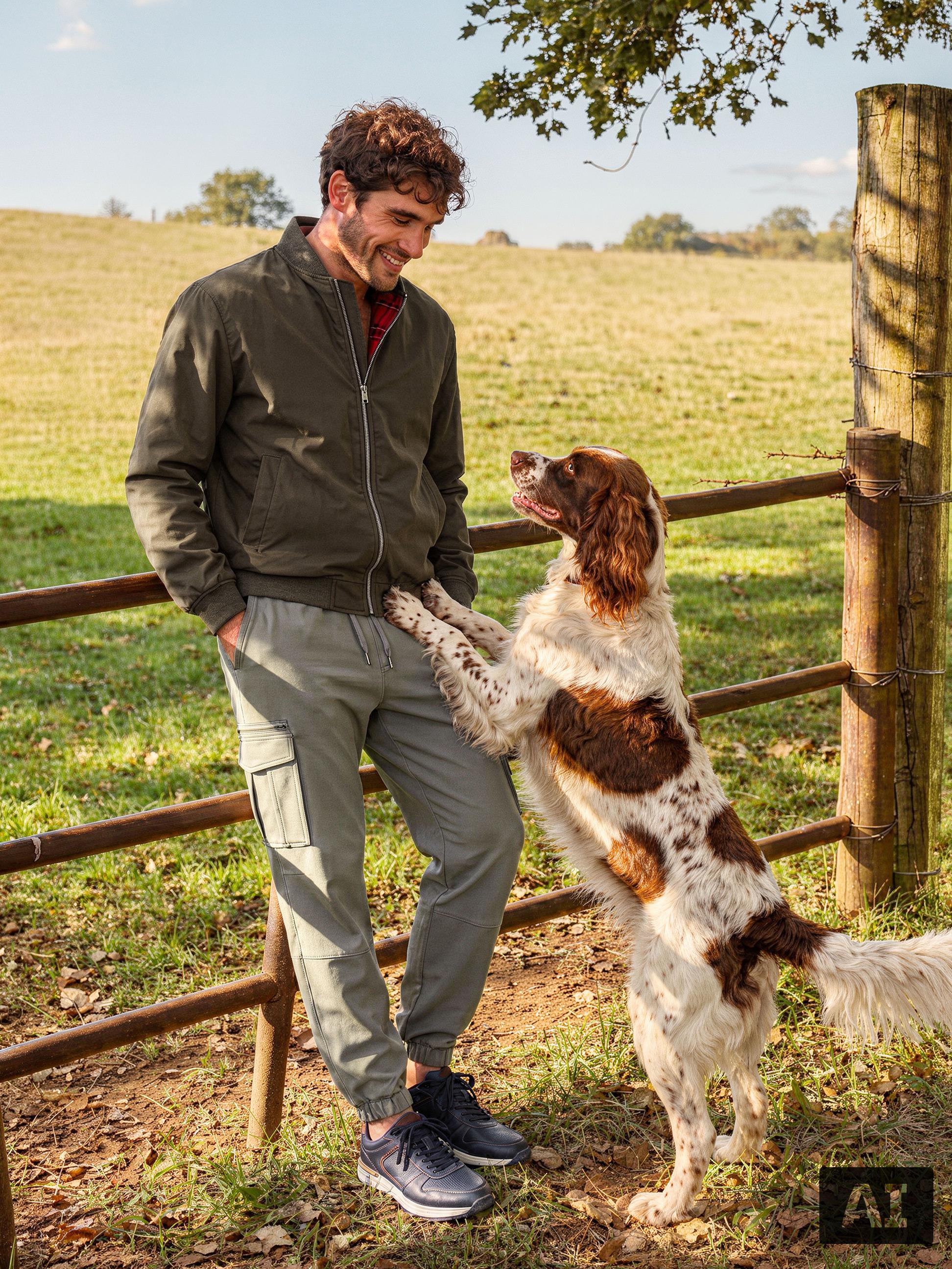Homme en veste vert olive et pantalon gris jouant avec un chien à la campagne.