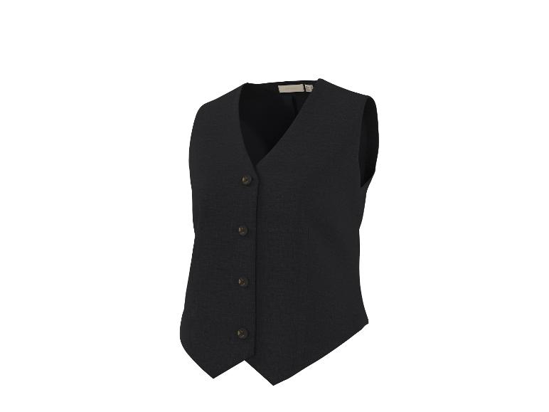 Zwart damesvest met bruine knopen, vooraanzicht.