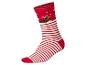 Chaussettes rouges avec motif teckel de Noël et rayures blanches.