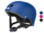 Casque de vélo bleu avec sangle de menton réglable.