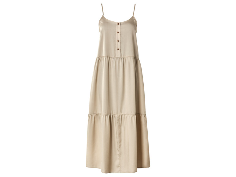 Een beige, getailleerd zomerjurk met spaghettibandjes.