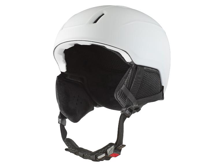 Een witte skihelm met een zwarte band.