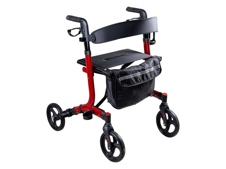 Déambulateur rouge avec siège, dossier et sac de courses.