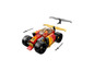 Een LEGO Ninjago auto met een minifiguur en zwaarden.