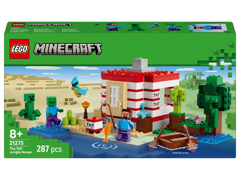 Ensemble de construction Minecraft The TNT Jungle House de 287 pièces, avec figurines et un bateau.