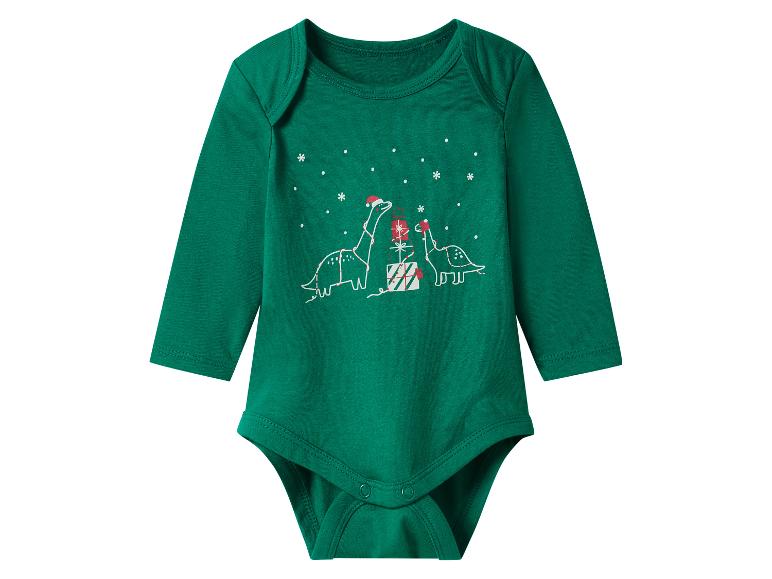Groene baby romper met lange mouwen en kerstdinosaurusprint.
