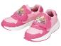 Roze kindersneakers met cartoonfiguur en tropische bladeren.