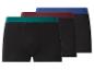 Drie zwarte herenboxershorts met groene, bordeauxrode en blauwe taillebanden