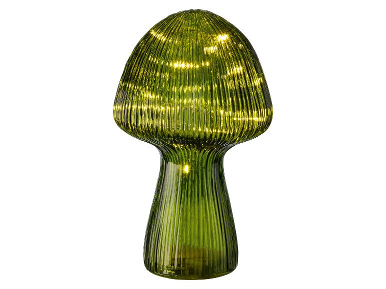 Groene paddestoelvormige decoratieve lamp met geribbeld glas en warmwitte LED's.