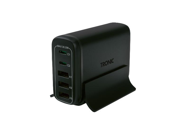 Station de charge USB multi-ports noire avec deux ports USB-C et trois USB-A, max 30.5W