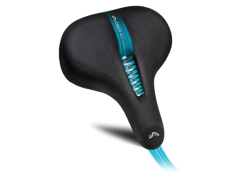 Zwart fietszadel met blauw ventilatiesysteem en traagschuim.
