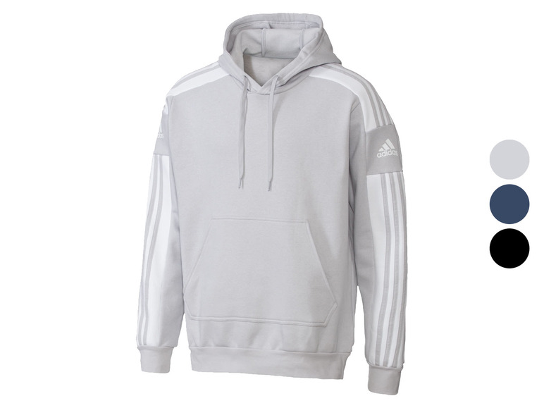 Un sweat à capuche gris avec des rayures blanches d'Adidas.