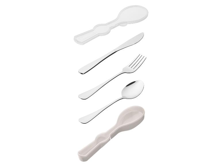 Ensemble de couverts avec un couteau, une fourchette, une cuillère et deux repose-cuillères en plastique.