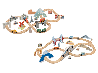 LUPILU® Set de train XL en bois »Voyage en Europe et tour du monde«