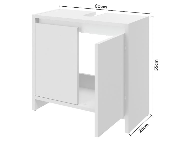 Meuble de salle de bain blanc avec deux portes, dimensions 60cm x 55cm x 28cm.