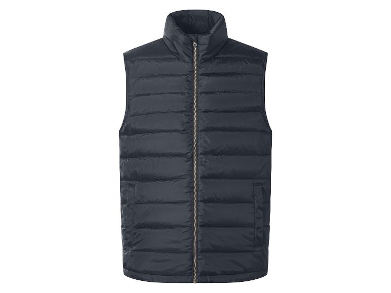 Donkerblauwe gewatteerde heren bodywarmer met rits.