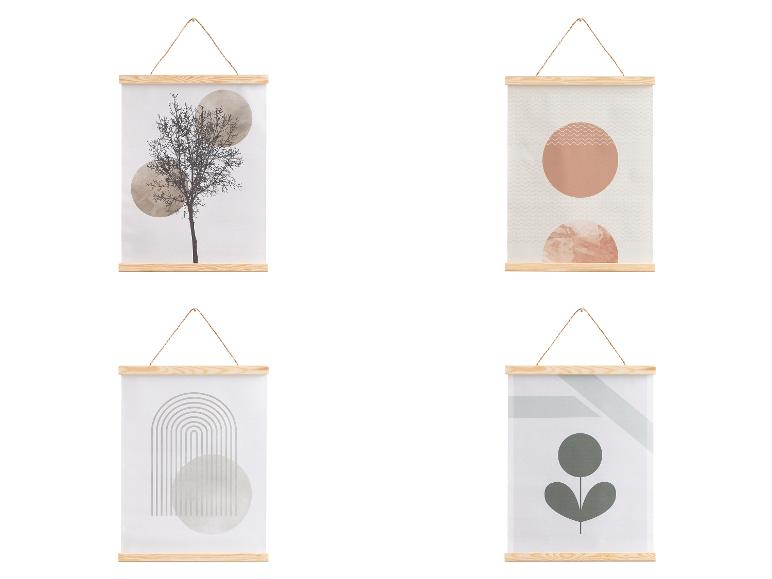 Quatre affiches abstraites avec un arbre, des cercles, un arc-en-ciel et une fleur.
