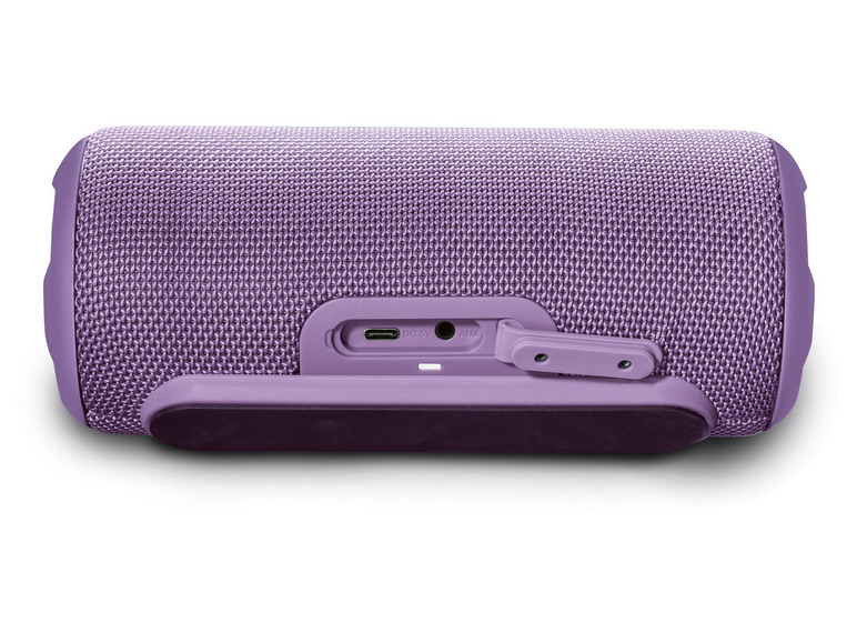 Haut-parleur portable violet avec port USB et entrée auxiliaire.