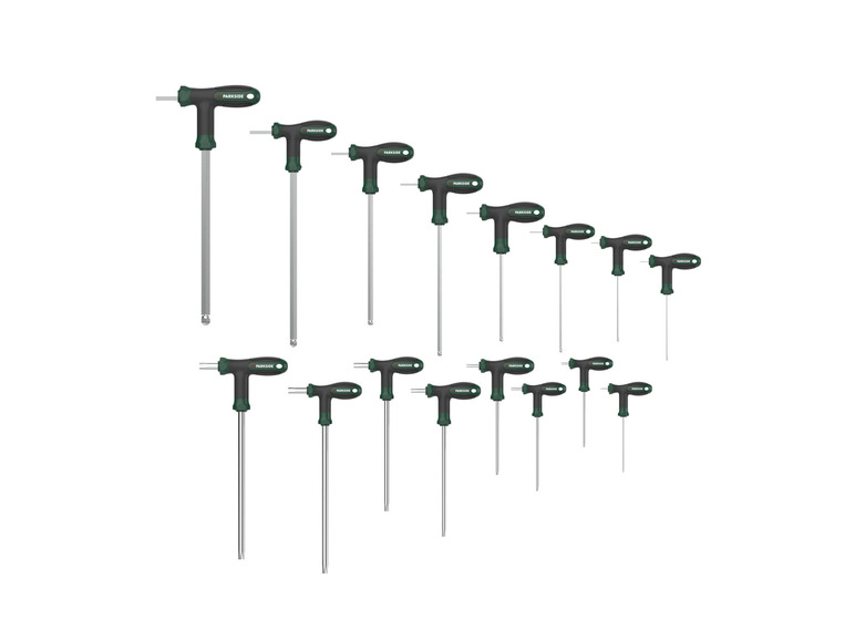 Een set Parkside T-greep schroevendraaiers met verschillende maten.