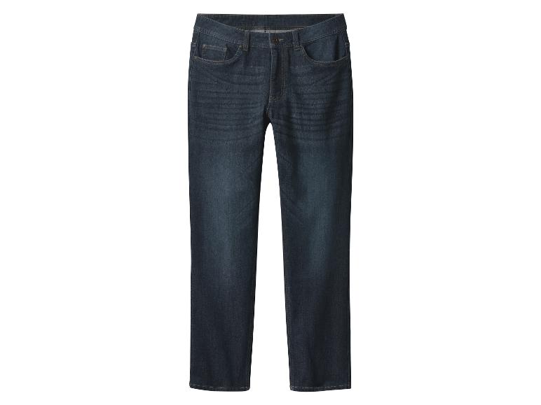 Un jean bleu foncé sur fond blanc.