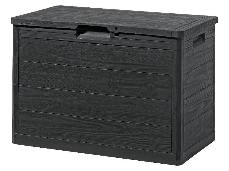 Donkergrijze tuinkist met houtlook, met handgrepen en afsluitbaar deksel.
