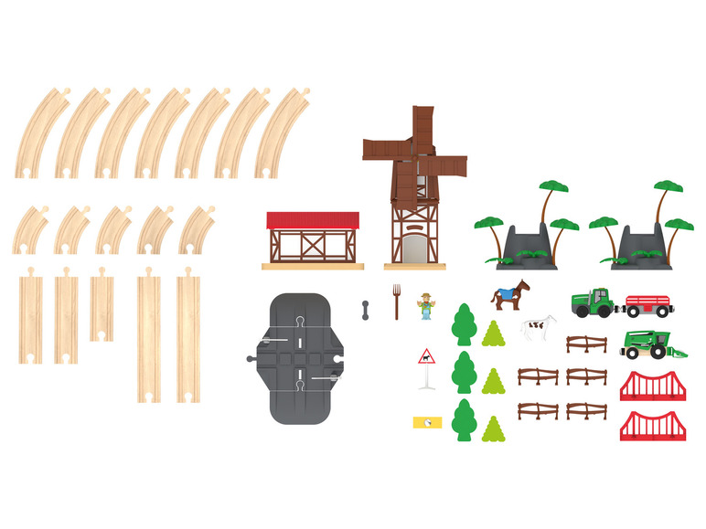 Rails de train en bois, une ferme avec moulin à vent, tracteur et accessoires.